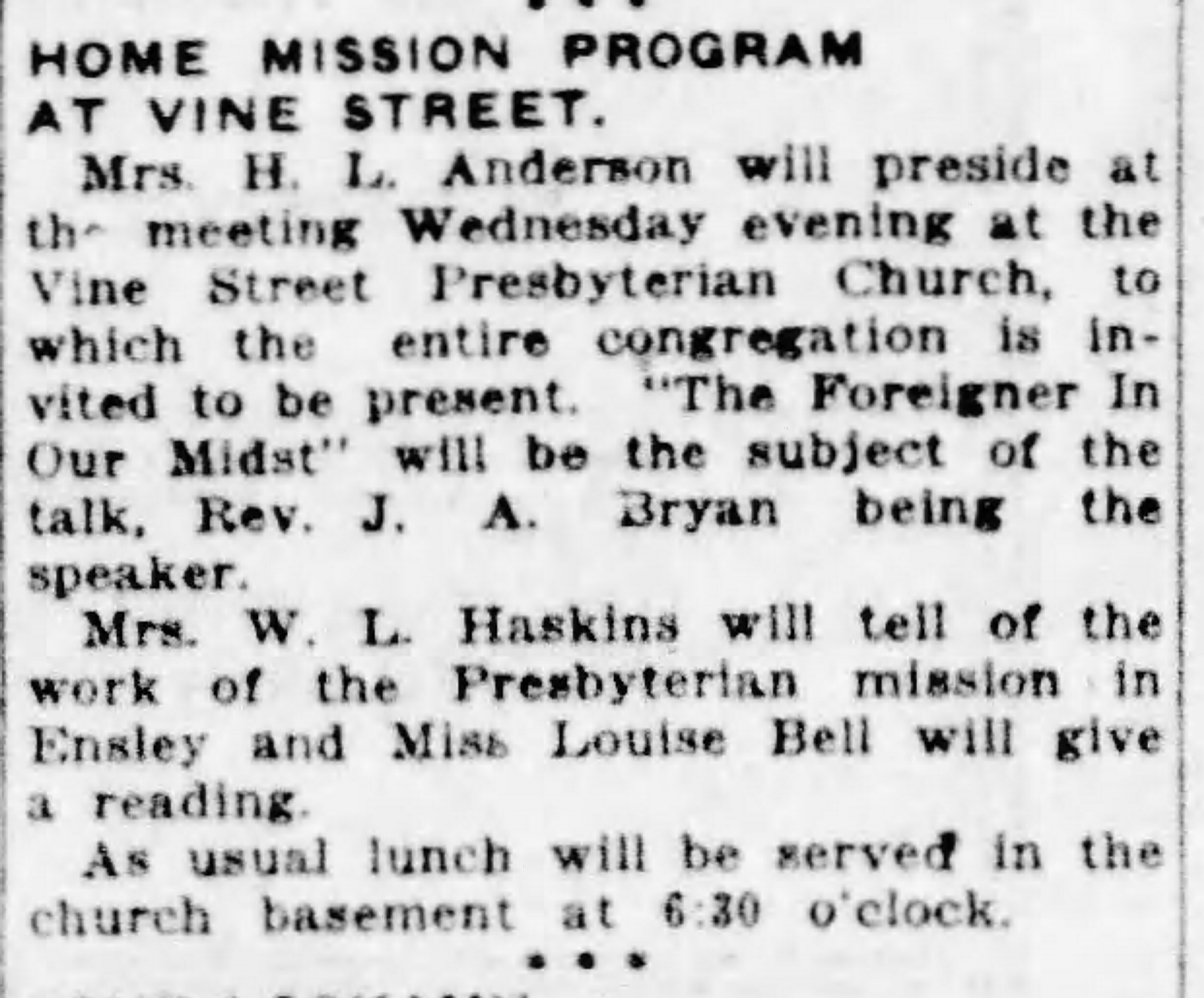 Home Mission Program At Vine Street